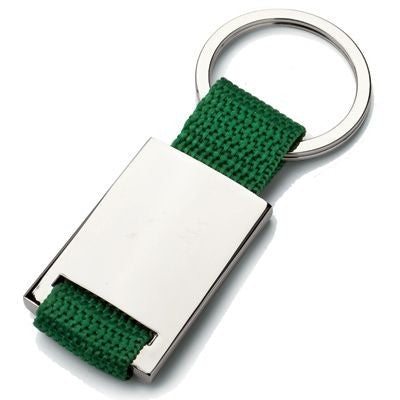 Branded Promotional MATT SILVER METAL KEYRING with Cloth Strap in Green Keyring From Concept Incentives.