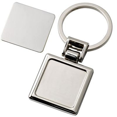 Branded Promotional SQUARE SILVER CHROME METAL KEYRING with Detachable Plate Keyring From Concept Incentives.