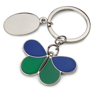 Branded Promotional BUTTERFLY METAL KEYRING in Blue & Green with Tag Keyring From Concept Incentives.