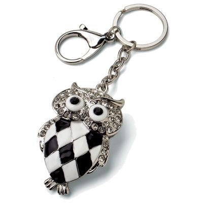 Branded Promotional LARGE OWL METAL KEYRING in Black & White with Crystals Keyring From Concept Incentives.