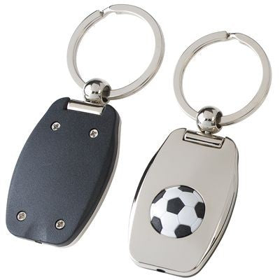 Branded Promotional SILVER METAL FOOTBALL KEYRING with Red Light Keyring From Concept Incentives.