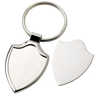 Branded Promotional SHIELD SILVER CHROME METAL KEYRING with Detachable Plate Keyring From Concept Incentives.