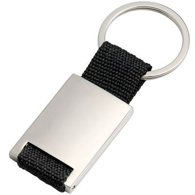 Branded Promotional SILVER METAL KEYRING with Black Webbing Strap Keyring From Concept Incentives.