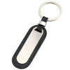 Branded Promotional OVAL BLACK IMITATION LEATHER KEYRING with Silver Metal Plate Keyring From Concept Incentives.