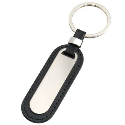 Branded Promotional OVAL BLACK IMITATION LEATHER KEYRING with Silver Metal Plate Keyring From Concept Incentives.