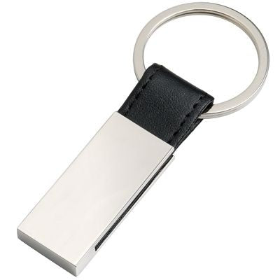 Branded Promotional RECTANGULAR SILVER METAL & BLACK IMITATION LEATHER KEYRING Keyring From Concept Incentives.