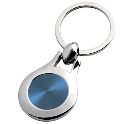 Branded Promotional ROUND SILVER METAL KEYRING with Blue Inset Plate Keyring From Concept Incentives.