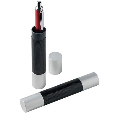 Branded Promotional PEN PRESENTATION TUBE in Blue Leather Pen Presentation Tube From Concept Incentives.