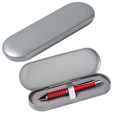 Branded Promotional OVAL SILVER METAL PEN PRESENTATION TIN Pen Presentation Box From Concept Incentives.