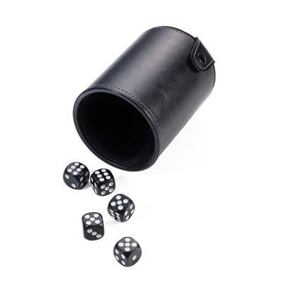 Branded Promotional TROIKA WURFEL TO GO DICE CUP with 5 Dice Black with White Eyes Dice Cube Shaker From Concept Incentives.