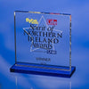 Branded Promotional RECTANGULAR GLASS AWARD TROPHY  with Blue Base Award From Concept Incentives.
