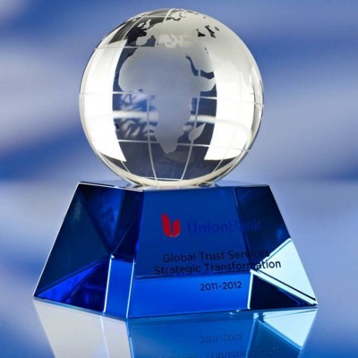 Branded Promotional BLUE BASED GLASS GLOBE AWARD TROPHY Award From Concept Incentives.