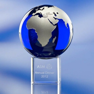 Branded Promotional COLOUR GLOBE ON BASE GLASS AWARD TROPHY Award From Concept Incentives.