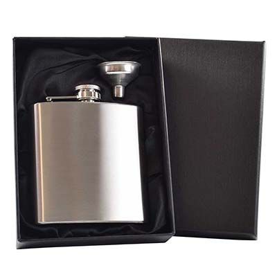 Branded Promotional 6OZ HIP FLASK in Silver with Funnel in Black Satin Lined Gift Box Hip Flask From Concept Incentives.