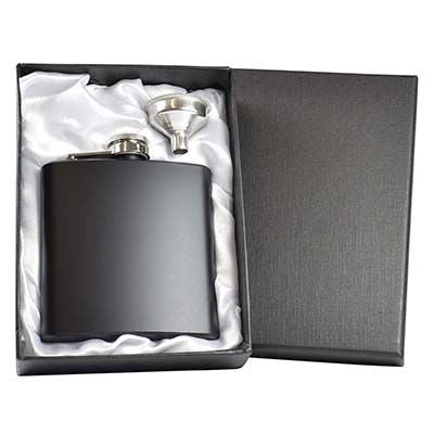 Branded Promotional 6OZ HIP FLASK in Matt Black with Funnel in Silver Satin Lined Gift Box Hip Flask From Concept Incentives.