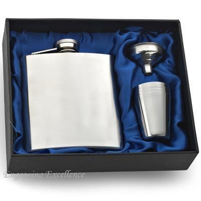 Branded Promotional 6OZ HIP FLASK in Blue Satin Lined Gift Box with Cup Hip Flask From Concept Incentives.