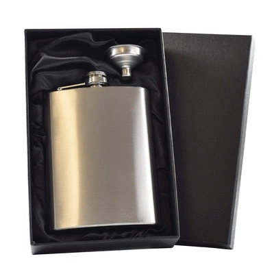 Branded Promotional 8OZ HIP FLASK in Silver with Funnel & Black Satin Lined Gift Box Hip Flask From Concept Incentives.