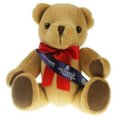 Branded Promotional 30CM HONEY JOINTED BEAR with Sash Soft Toy From Concept Incentives.