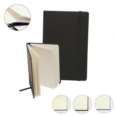 Branded Promotional ECO FRIENDLY BONDED LEATHER A5 CASEBOUND NOTE BOOK with Elastic Strap & Envelope Pocket Journal Note Book From Concept Incentives.