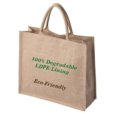 Branded Promotional 100% DEGRADABLE NATURAL TATTON JUTE SHOPPER TOTE BAG FOR LIFE with Degradable Lining Bag From Concept Incentives.