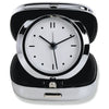 Branded Promotional FOLDING ROUND ANALOGUE TRAVEL ALARM CLOCK in Square Shiny Silver Chrome Metal Case Clock From Concept Incentives.