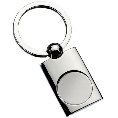 Branded Promotional EXCLUSIVE RECTANGULAR POLISHED SILVER METAL KEYRING with Round Matt Inlay Keyring From Concept Incentives.