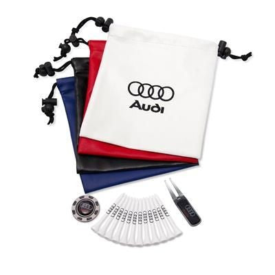 Branded Promotional LEATHERETTE EMBROIDERED DRAWSTRING GOLF GIFT BAG 3 Golf Gift Set From Concept Incentives.