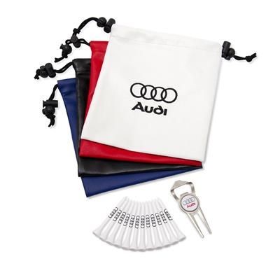 Branded Promotional LEATHERETTE EMBROIDERED DRAWSTRING GOLF GIFT BAG 7 Golf Gift Set From Concept Incentives.