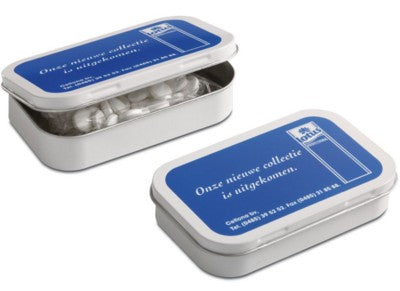 Branded Promotional LARGE WHITE HINGED MINTS TIN Mints From Concept Incentives.