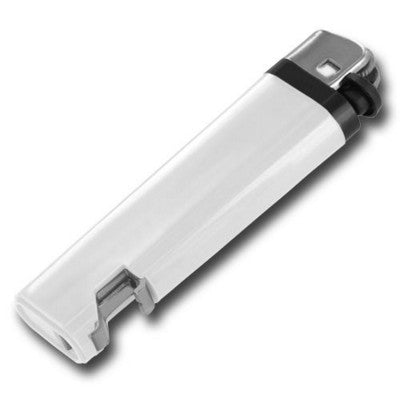 Branded Promotional DISPOSABLE FLINT LIGHTER with Integral Bottle Opener in White Lighter From Concept Incentives.