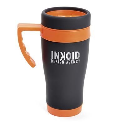 Branded Promotional OREGON BLACK TRAVEL MUG in Orange Travel Mug from Concept Incentives
