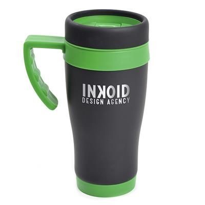 Branded Promotional OREGON BLACK TRAVEL MUG in Green Travel Mug from Concept Incentives