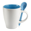 Branded Promotional BICOLOUR CERAMIC POTTERY COFFEE MUG with Colour Matching Spoon in Blue Mug From Concept Incentives.