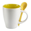 Branded Promotional BICOLOUR CERAMIC POTTERY COFFEE MUG with Colour Matching Spoon in Yellow Mug From Concept Incentives.