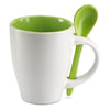 Branded Promotional BICOLOUR CERAMIC POTTERY COFFEE MUG with Colour Matching Spoon in Green Mug From Concept Incentives.