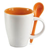 Branded Promotional BICOLOUR CERAMIC POTTERY COFFEE MUG with Colour Matching Spoon in Orange Mug From Concept Incentives.