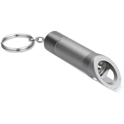 Branded Promotional METAL LED TORCH KEYRING with Bottle Opener in Stone Grey Torch From Concept Incentives.