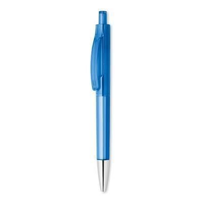 Branded Promotional PLASTIC PEN with Shiny Tip in Clear Transparent Blue Pen From Concept Incentives.