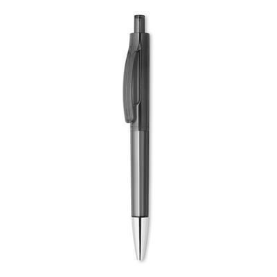 Branded Promotional PLASTIC PEN with Shiny Tip in Clear Transparent Grey Pen From Concept Incentives.