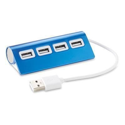 Branded Promotional ALUHUB 4 PORT USB in Blue Aluminium Metal Hub Port From Concept Incentives.