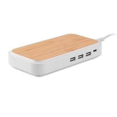Branded Promotional CORDLESS CHARGER with 3 Port USB Hub in Bamboo & Abs Charger From Concept Incentives.