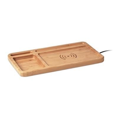Branded Promotional DESK STORAGE DESK BOX in Bamboo with Cordless Charger Charger From Concept Incentives.