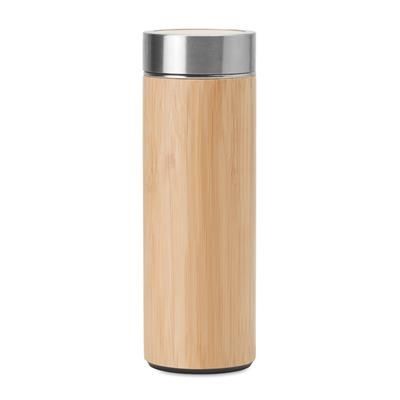 Branded Promotional DOUBLE WALL STAINLESS STEEL METAL MUG with Bamboo Cover Insulating Vacuum Flask 400ml Capacity with Travel Mug From Concept Incentives.