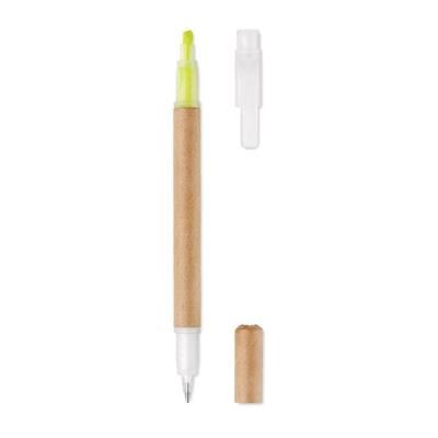 Branded Promotional TWO in One Recycled Carton Barrel Ball Pen & Yellow Highlighter  From Concept Incentives.