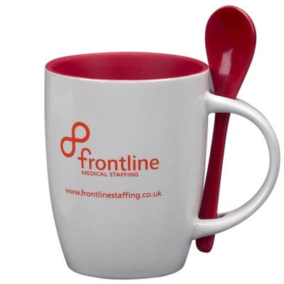 Branded Promotional MUG & SPOON CERAMIC POTTERY MUG in White & Red Mug From Concept Incentives.