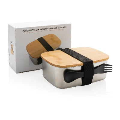 Branded Promotional STAINLESS STEEL LUNCHBOX WITH BAMBOO LID AND SPORK Lunch Box from Concept Incentives