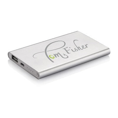 Branded Promotional 4000 MAH SLIM POWER BANK Charger in Silver From Concept Incentives.