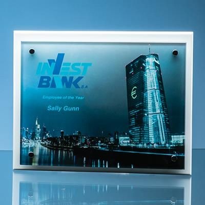 Branded Promotional 15X20X5MM CLEAR TRANSPARENT GLASS RECTANGULAR MOUNTED ON 17MM THICK WHITE WOOD PLAQUE Award From Concept Incentives.