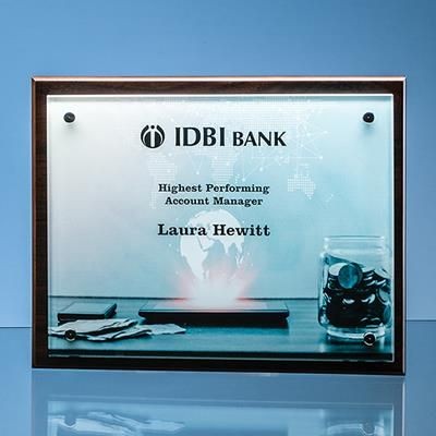 Branded Promotional 15X20X5MM CLEAR TRANSPARENT GLASS RECTANGULAR MOUNTED ON 17MM THICK BROWN WOOD PLAQUE Award From Concept Incentives.