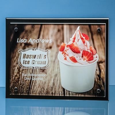 Branded Promotional 17X22X5MM CLEAR TRANSPARENT GLASS RECTANGULAR MOUNTED ON 17MM THICK BLACK WOOD PLAQUE Award From Concept Incentives.